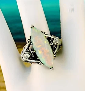 MERMAID GODDESS RING VICTORIAN STYLE 925 STERLING SILVER LAB-CREATED OPAL 615X - Picture 1 of 3