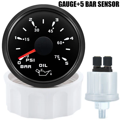 52MM Oil Pressure Gauge 5 Bar with Oil Pressure Sensor for Marine Boat Car Truck - Image 1 of 4
