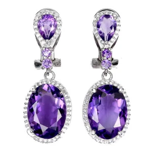 925 Sterling Silver Earrings Oval Amethyst 14x10mm Topaz Gemstone Jewelry Gift - Picture 1 of 9