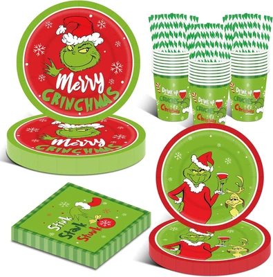 Juego de 125 platos y servilletas de Navidad Grinch, vajilla desechable, servir 25 Foto 1 de 4