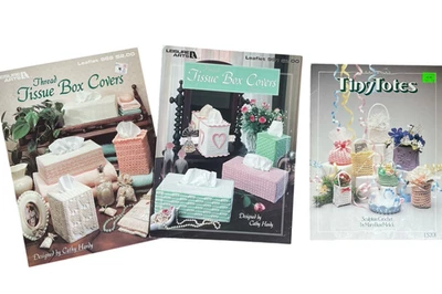 Lot of 3 Leaflets Crochet Patterns to Make Thread Tissue Box Covers Tiny Totes - Image 1 of 4