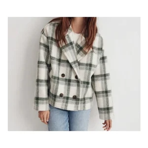 Madewell Jacquard Double Breasted Crop Blazer Green Cream Plaid Womens Small - Picture 1 of 7