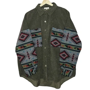 La Miel Olive Green Corduroy Shirt Womens Small Aztec Western Cut & Sew Trim - Picture 1 of 8