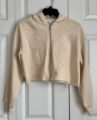 SELF E SWEATSHIRT CROPPED HOODIE ZIPPERED SIZE SMALL CREAM LONG SLEEVE  - Image 1 of 4