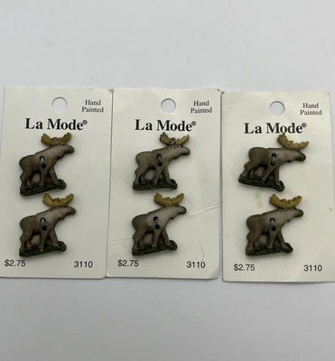 La Mode Hand Painted Moose Buttons 3 Cards 6 Buttons Vintage 1” - Image 1 of 3