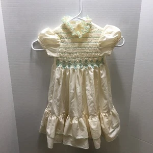 Vintage Polly Flinders handgesmoktes Kleid - Mädchen Größe 5 hellgelb mit grün - Bild 1 von 13