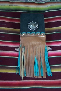 Western Leather Fringe Lonehorn Concho Phone Case Holster Belt Bag Saddle Pouch - Picture 1 of 19