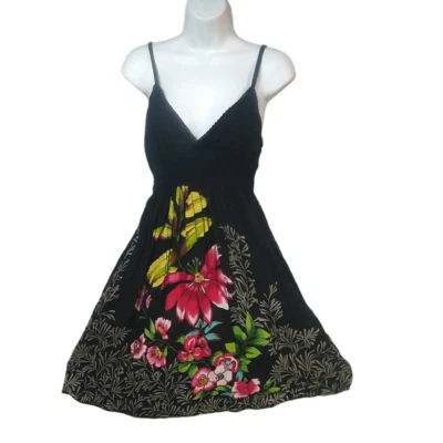 FUN FLIRT INDIE floral boho chic black mini sun dress Y2K smocked artsy fairy M - Image 1 of 4