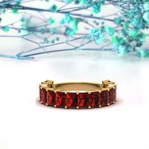 Red Garnet Half Eternity Wedding Band 14k Solid Gold Stackable Ring For Women - Picture 1 of 23