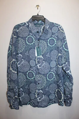 PERRY ELLIS MENS CASUAL UNTUCKED SHIRT 100% LINEN FLORAL DARK DENIM BLUE SIZE XL - Image 1 of 4