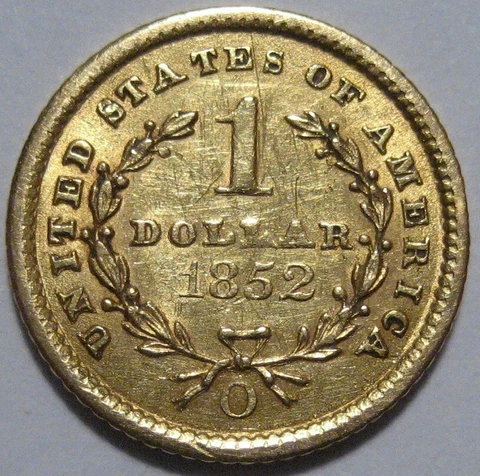 = 1852-O AU+ $1 Gold Piece, NEW ORLEANS, TYPE 1, FREE Shipping Cover