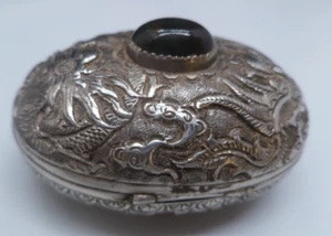 19th C Chinese Silver Repouse Work Pill Opium Box ...Dragons - Picture 1 of 10