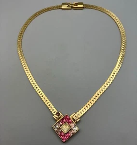 GIVENCHY Vintage Necklace Gold Tone Rhinestone Pink White L-40cm - Picture 1 of 13
