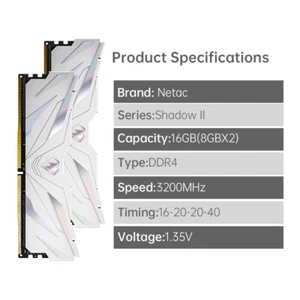 16GB Netac DDR4 16GB 2x8GB DDR4 3200MHz CL16 UDIMM White 2PK DRAM PC4-25600 - Picture 1 of 12