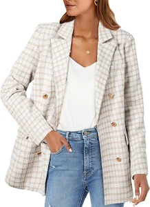 Womens Plaid Tweed Blazers Dressy Casual Long Sleeve Double Breasted Open Front - Picture 1 of 7