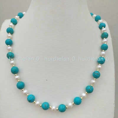 19" Pretty Design Natural White Akoya Round Pearl Turquoise Necklace 14k Gold P - Image 1 of 4