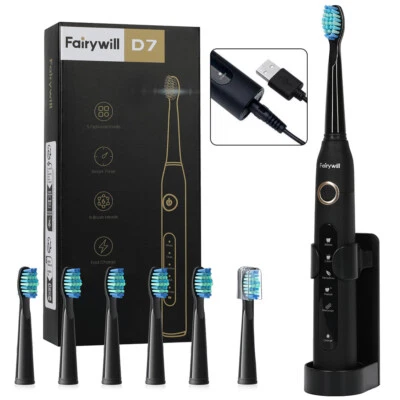 Fairywill Sonic Electric Toothbrush Clean Teeth Rechargeable 5 Modes 6X Heads