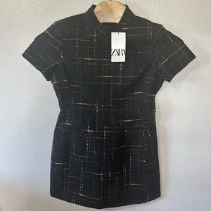 NEU Zara Kleid Damen Größe XL schwarz kariert Tweed Mini Kurzarm Herbst Old Money - Bild 1 von 8