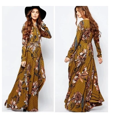 Maxi Vestido Free People First Kiss Floral Manga Larga Boho Pequeño Vara de Oro Multi Foto 1 de 4