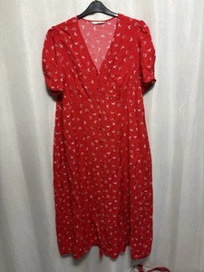 -863 Tu Sz 22 Red Floral 50”Long Button Through Maxi Dress - Picture 1 of 7