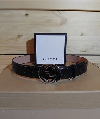 Gucci Signature Leather Belt negro plata entrelazado tamaño G 36 cm / 90 pulgadas - Imagen 1 de 4
