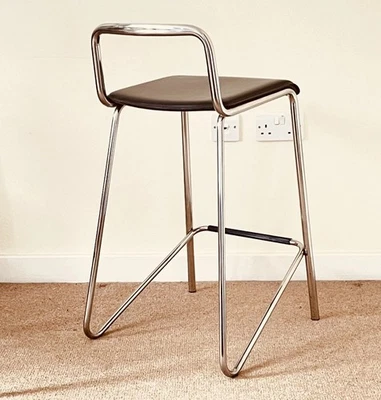 Pair of 80’s Style Italian Effezeta Bar Counter Stools Chrome & Brown Leather - Image 1 of 4