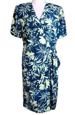 Adrianna Papell Silk Faux Wrap Dress Tropical Print Blue & Sage Colors Size 12 - Image 1 of 4
