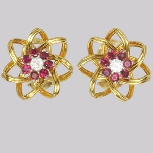 Vintage Tiffany Earrings Ruby and Diamond 18ct Gold Floral Cluster Post Fitting - Picture 1 of 10
