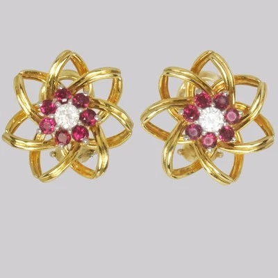Pendientes Tiffany Vintage Rubí y Diamante Oro 18ct Floral Racimo Poste Ajuste Foto 1 de 4