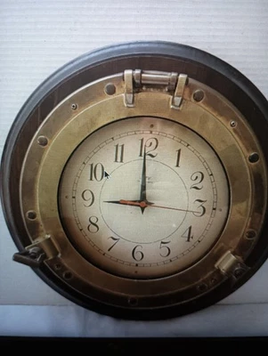 Reloj de pared náutico ojo de buey latón y madera otoño río masa barco marítimo latón 14" Foto 1 de 2