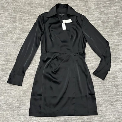Banana Republic Dress Womens 2 Black Long Sleeve Wrap Satin Shirt Mini Tuxedo - Image 1 of 4