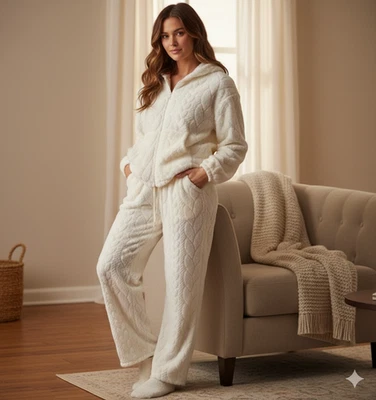 PJ Salvage Cozy Sherpa Loungewear Pajama Set Womens M Ivory Plush Cozycore Hygge - Image 1 of 4