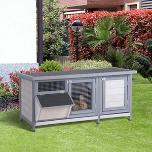 ๐ Outdoor Wooden Rabbit Hutch w/ Feeding Trough & Tray โ Gray Pet Cage ๐ก - Picture 1 of 12