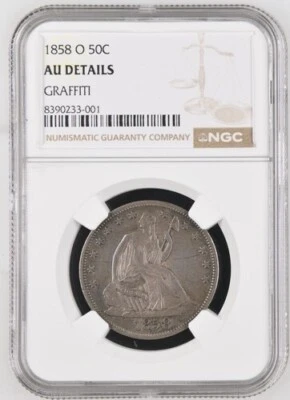 1858 O 50C NGC AU DETAILS Chinese Marks Graffiti New Orleans Seated Liberty - Image 1 of 2