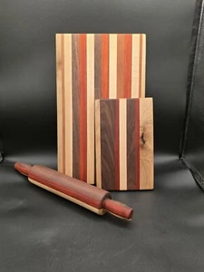 New Custom Handcrafted Natural Wood Butcher Block Cutting Board Rolling Pin Set - Picture 1 of 12