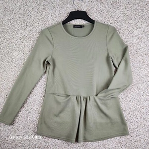 Damen Pullover salbeigrün klein Langarm Pulli Peplym Oberteil Taschen dehnbar - Bild 1 von 7