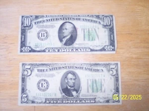 1934 SERIES A US $10 and $5 FEDERAL RESERVE NOTES - Picture 1 of 4