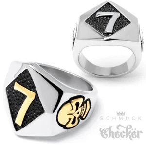 Lucky 7 Ring Glückszahl Sieben Totenkopf Silber Gold 316L Edelstahl Bikerschmuck - Bild 1 von 10