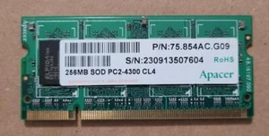 APACER (ELPIDA) Memory 256MB SOD PC2-4300 CL4 P/N: 75.854AC.G09 B62SRCA E186014 - Picture 1 of 3