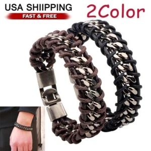 Braided Leather Silver Stainless Steel Cuban Chain Men's Bracelet Bangle - Picture 1 of 13
