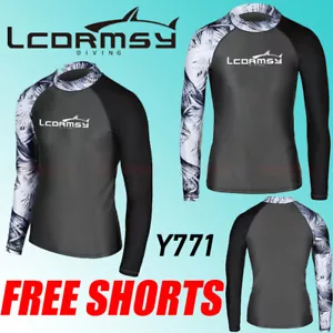 MEN'S RASH GUARD BEACH LONG SLEEVE SURF WETSUIT SWIM TOP SHIRTS Y771+FREE SHORTS - Picture 1 of 3