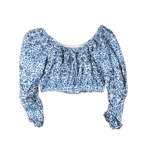 Roxy Crop Top Womens Medium 10 Blue AOP Floral Paisley Off The Shoulder Blouse - Picture 1 of 15