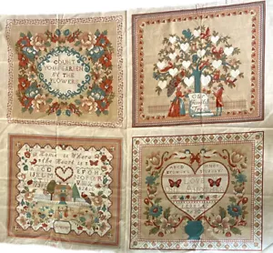 Vintage Our Family Tree Home Love Cheater Quilt Block Lot Of 4 Fabric Panels - Picture 1 of 7