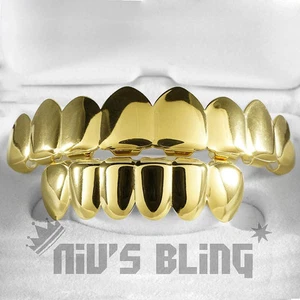 18K Gold Plated STAINLESS STEEL GRILLZ 8 Tooth Top & Bottom Hip Hop mouth Grill - Picture 1 of 3