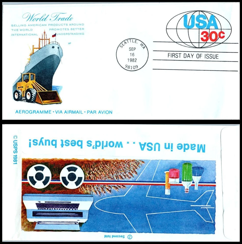 1982 World Trade ships airmail 30c Sc UC55 aerogramme FDC House of Farnam cachet - Image 1 of 1