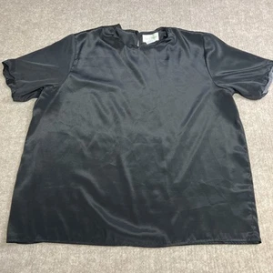 Vintage Sarah Stephen Black Satin Blouse Women’s 16 Short Sleeve Scalloped Shell - Picture 1 of 6