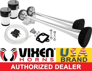 LOUD DUAL TRUMPET TRAIN HORN SYSTEM KIT W/COVERS CAR/TRUCK/RV 12V CHROME COLOR - Picture 1 of 11
