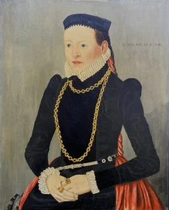 Primitives 16. Jahrhundert Stil weibliches Öl auf Leinwand Portrait Gemälde um 1960 - Bild 1 von 11