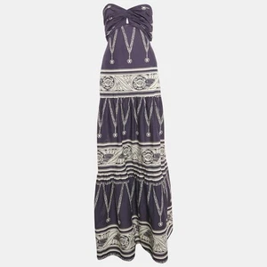 Johanna Ortiz Navy Blue Printed Cotton Strapless Tie-Up Detail Orilla Del Mar - Picture 1 of 5
