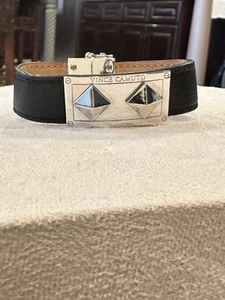 Vince Camuto Silver Tone & Black Leather Magnetic Latch 7” Bracelet - Picture 1 of 5